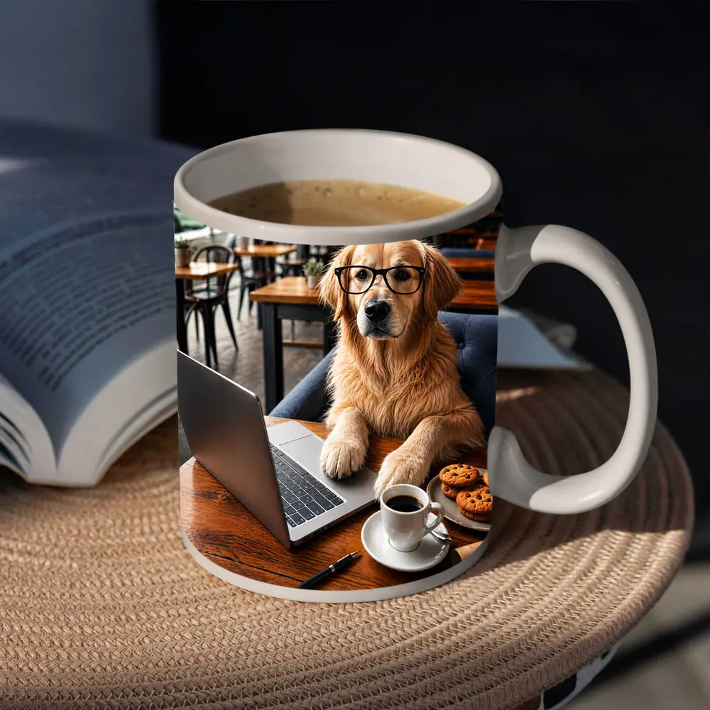 Golden Retriever With Glasses In Cafe – Mugs