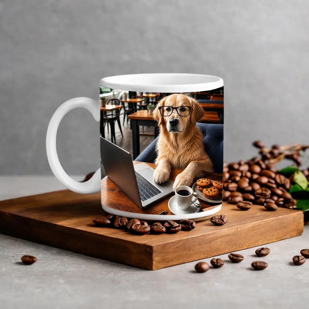Golden Retriever With Glasses In Cafe – Mugs