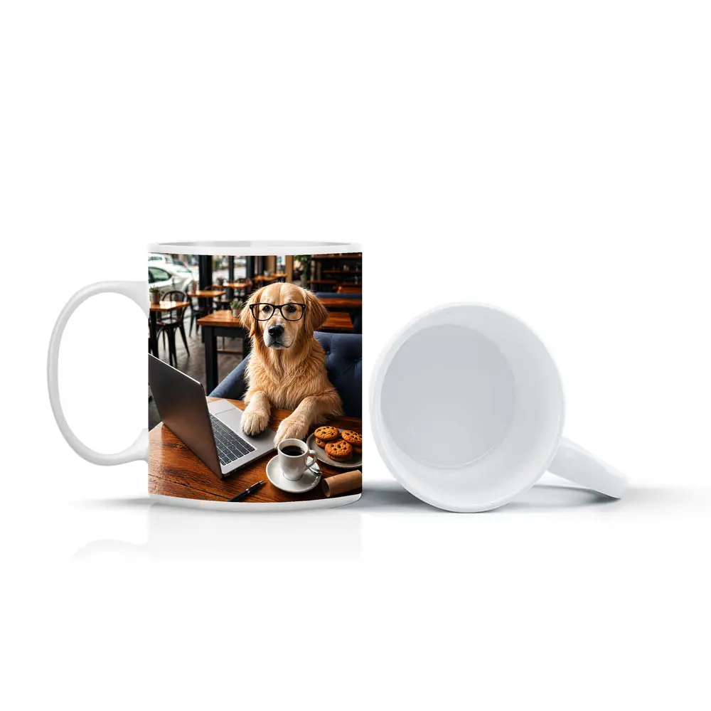 Golden Retriever With Glasses In Cafe – Mugs