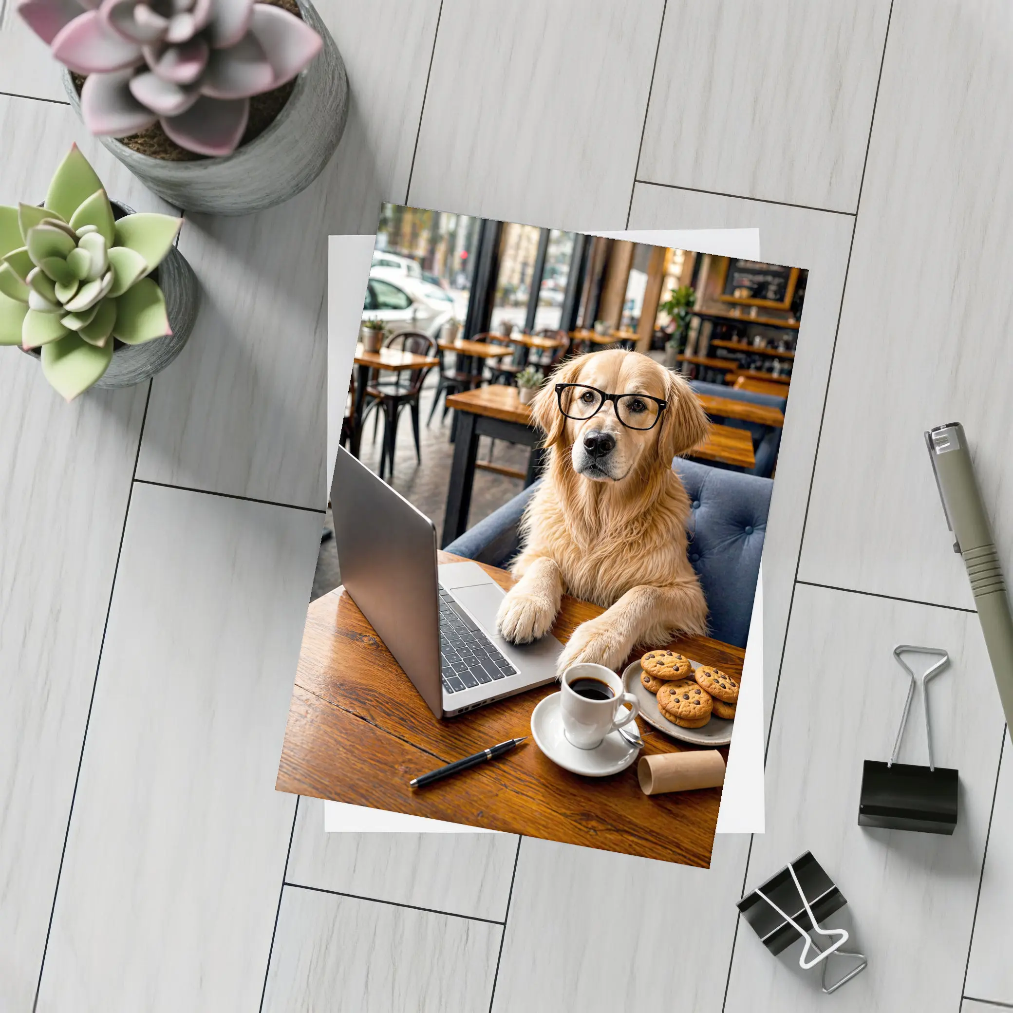 Golden Retriever With Glasses In Cafe – Postcards
