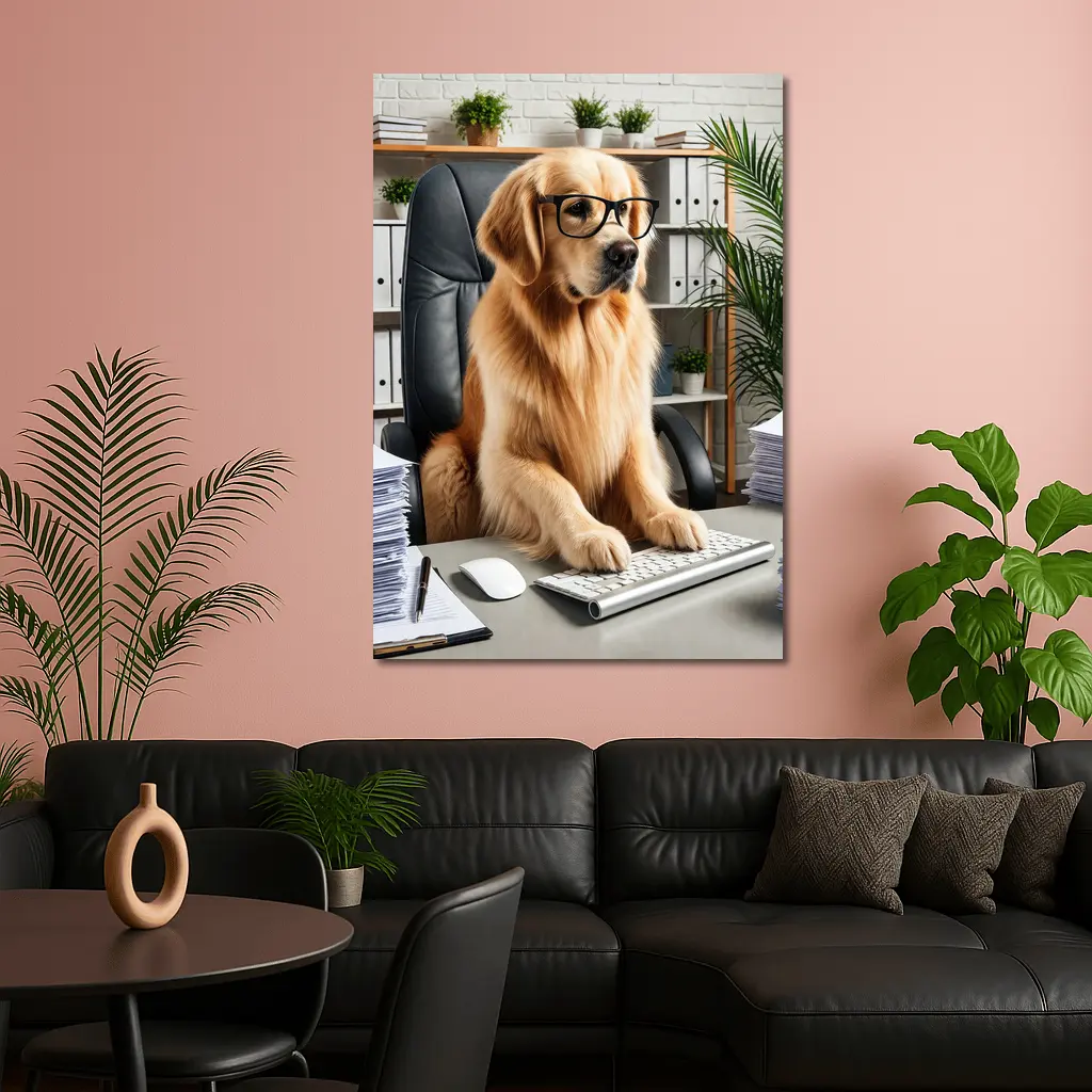 Golden Retriever Boss Working at Office Desk – Wall Art