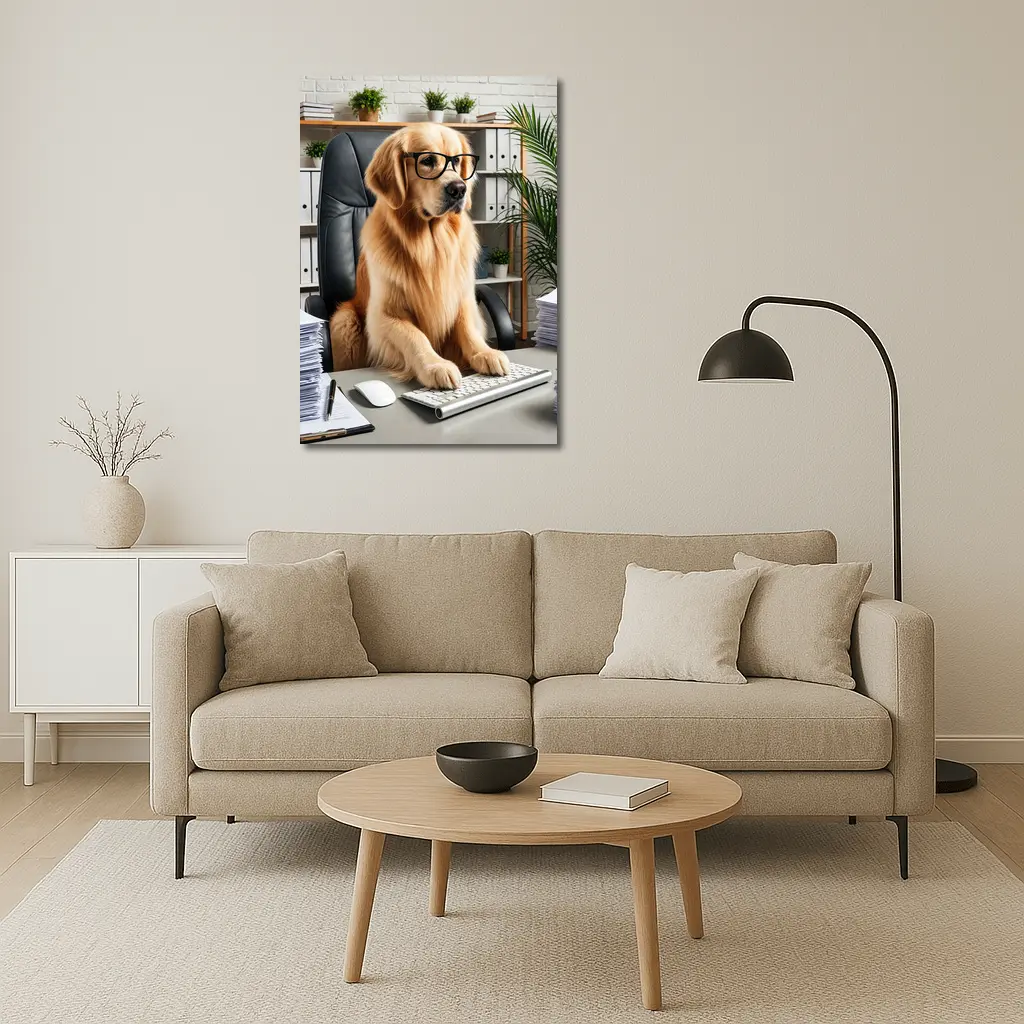 Golden Retriever Boss Working at Office Desk – Wall Art