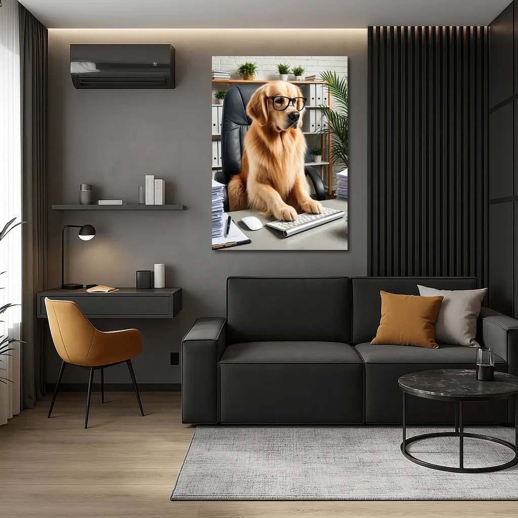 Golden Retriever Boss Working at Office Desk – Wall Art
