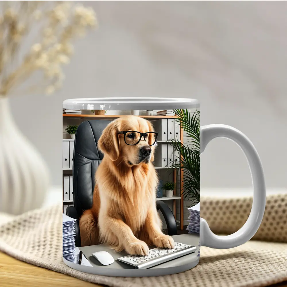 Golden Retriever Boss Working at Office Desk – Mugs
