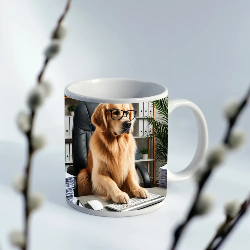 Golden Retriever Boss Working at Office Desk – Mugs