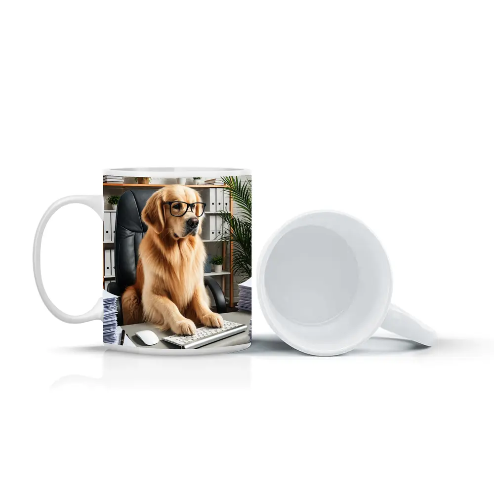 Golden Retriever Boss Working at Office Desk – Mugs