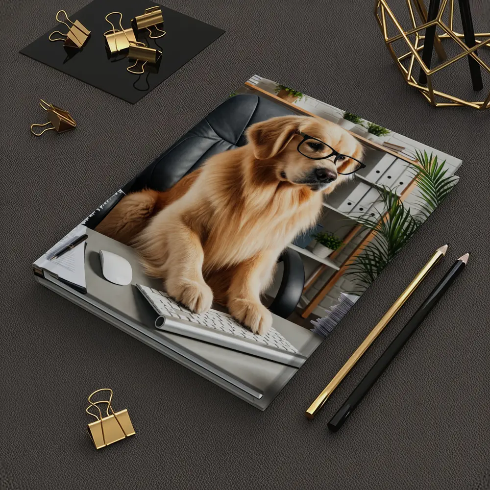 Golden Retriever Boss Working at Office Desk – Notebooks