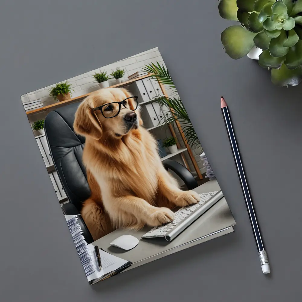 Golden Retriever Boss Working at Office Desk – Notebooks