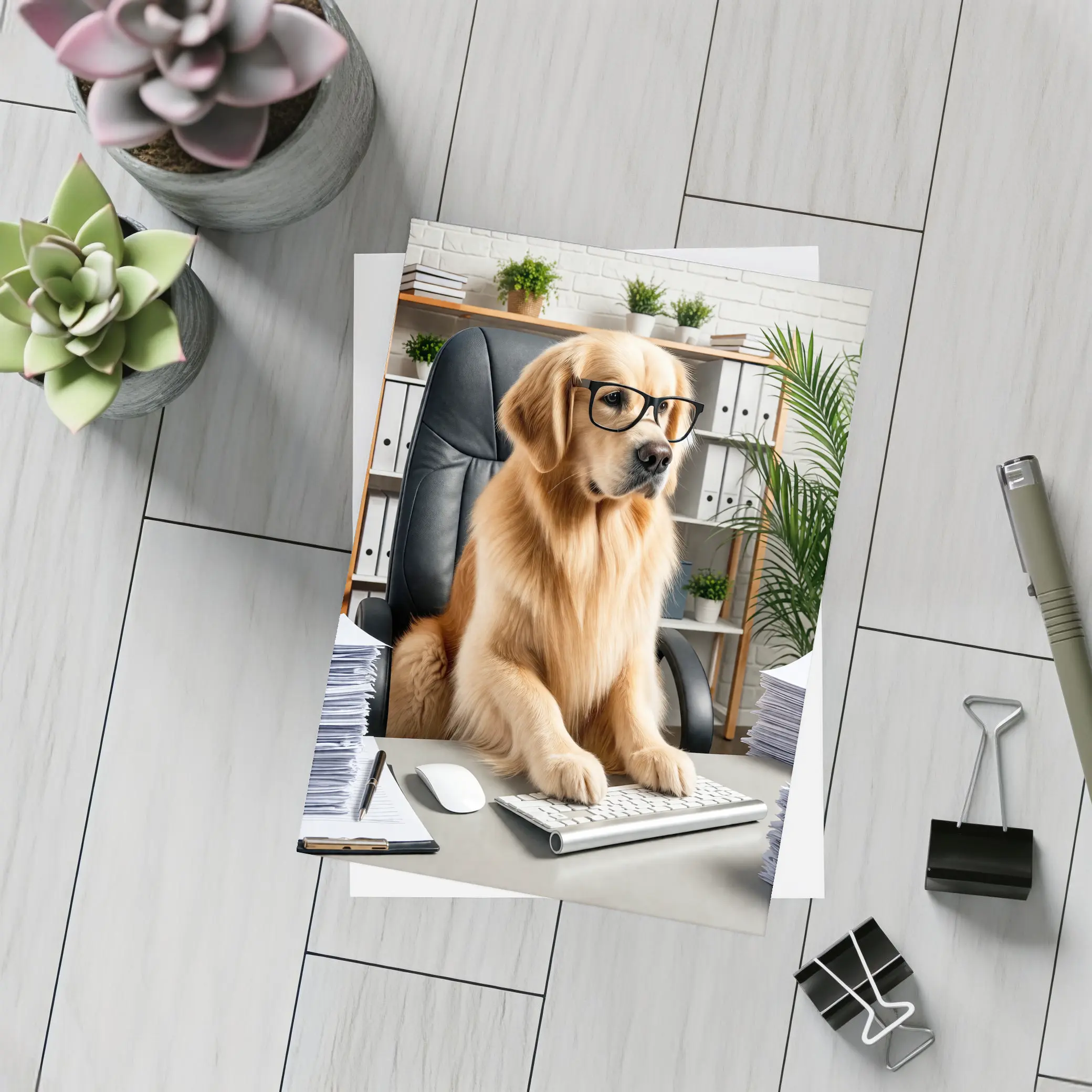Golden Retriever Boss Working at Office Desk – Postcards