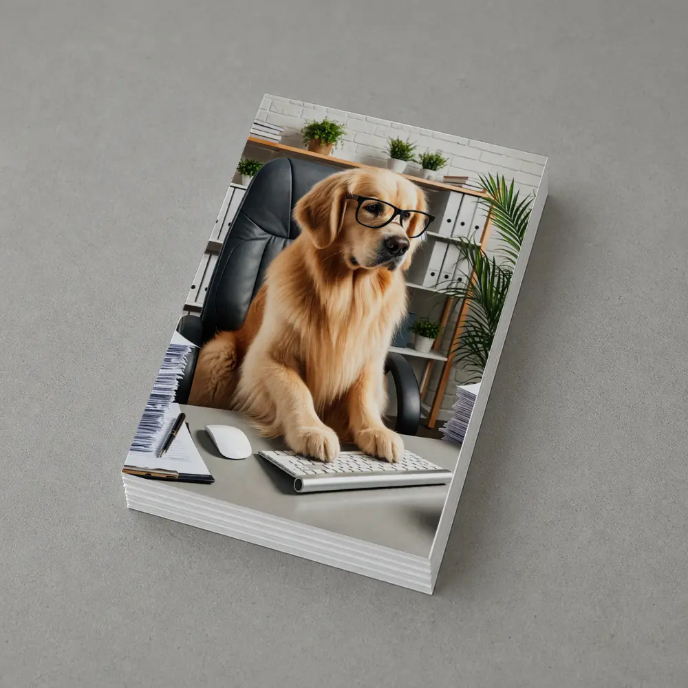 Golden Retriever Boss Working at Office Desk – Postcards