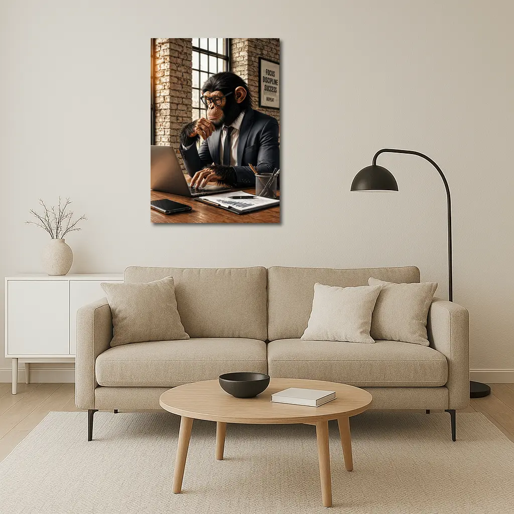 Chimpanzee Boss Working at Office Desk – Wall Art