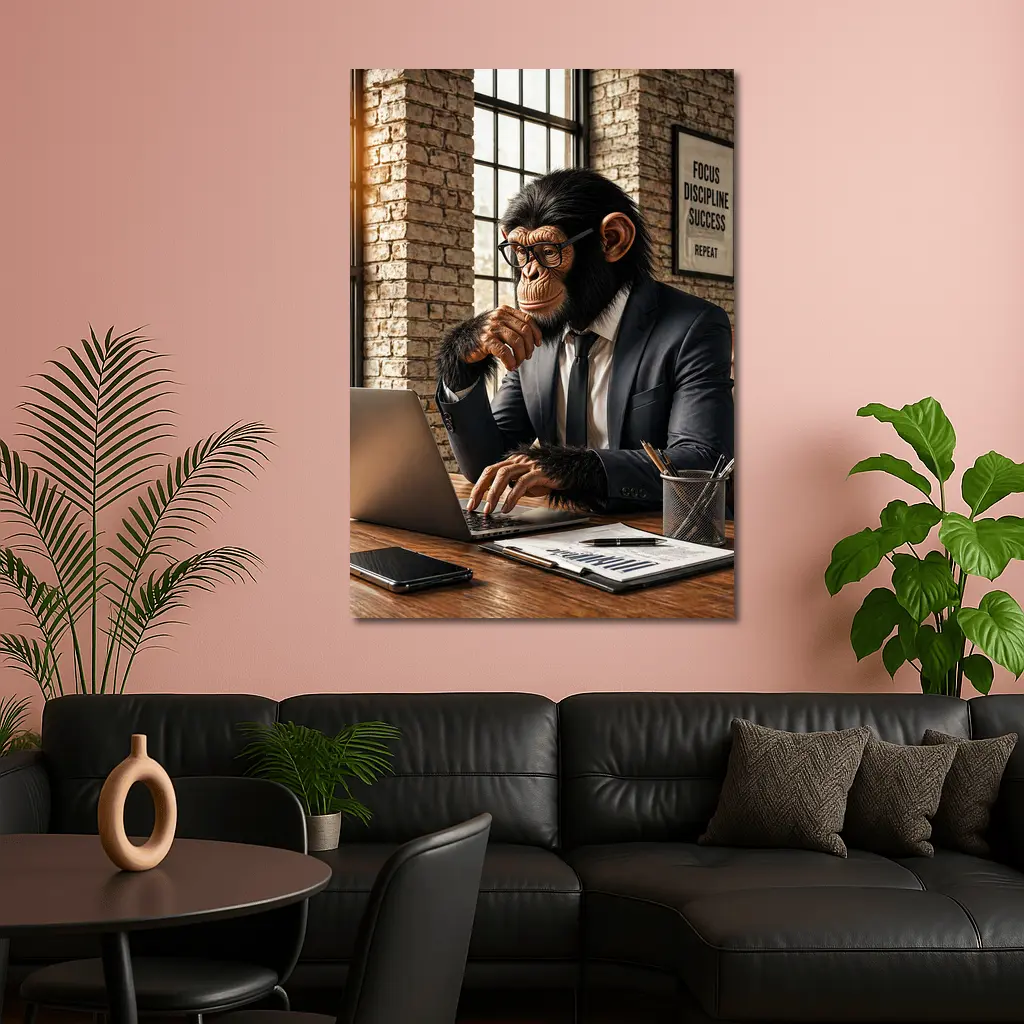 Chimpanzee Boss Working at Office Desk – Wall Art