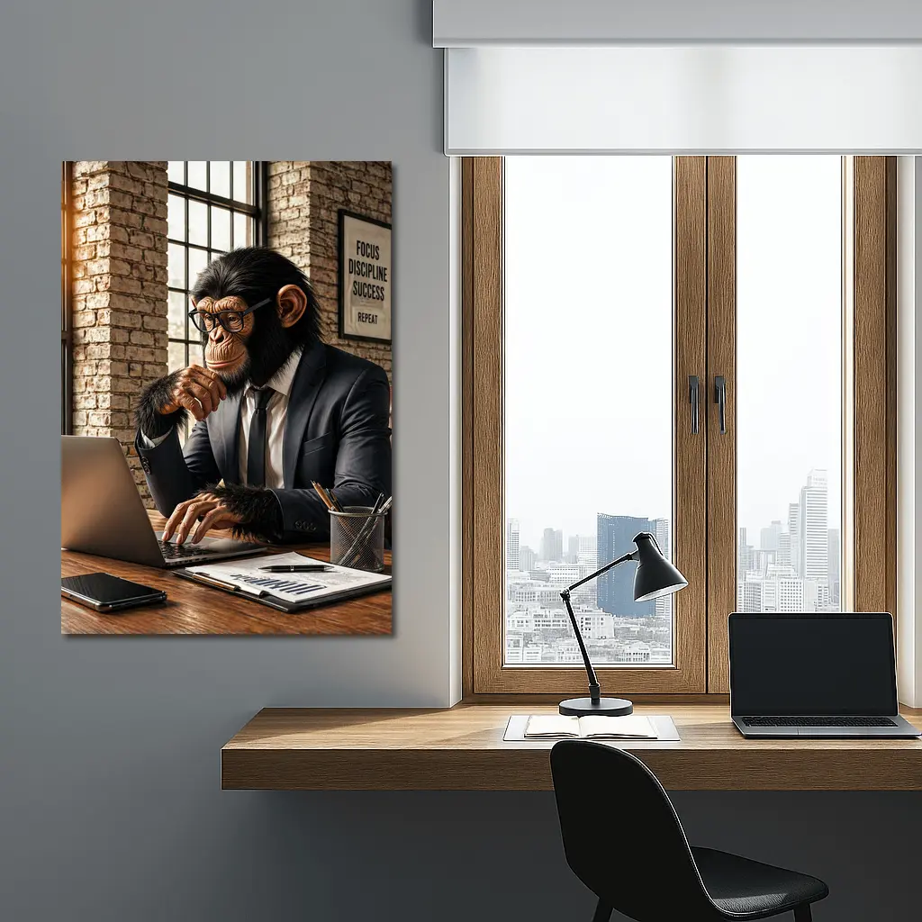 Chimpanzee Boss Working at Office Desk – Wall Art