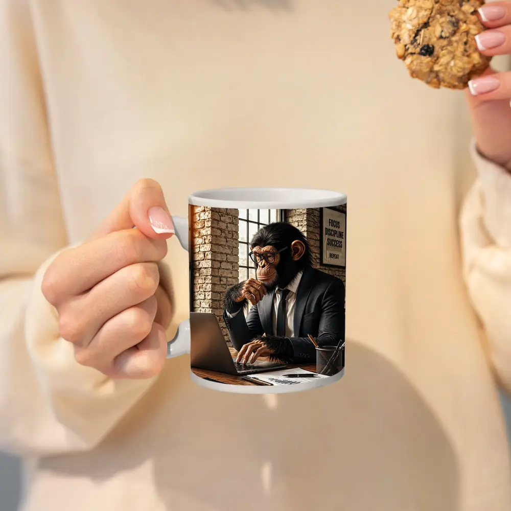 Chimpanzee Boss Working at Office Desk – Mugs