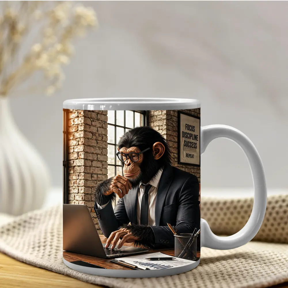 Chimpanzee Boss Working at Office Desk – Mugs