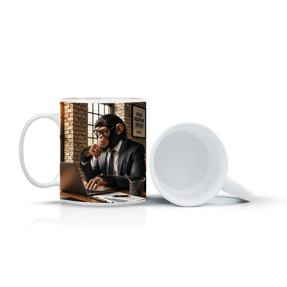 Chimpanzee Boss Working at Office Desk – Mugs