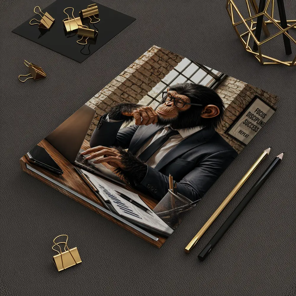 Chimpanzee Boss Working at Office Desk – Notebooks