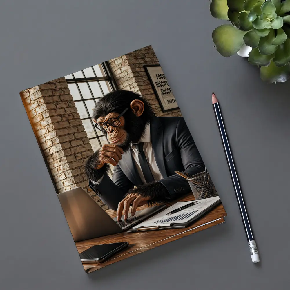 Chimpanzee Boss Working at Office Desk – Notebooks