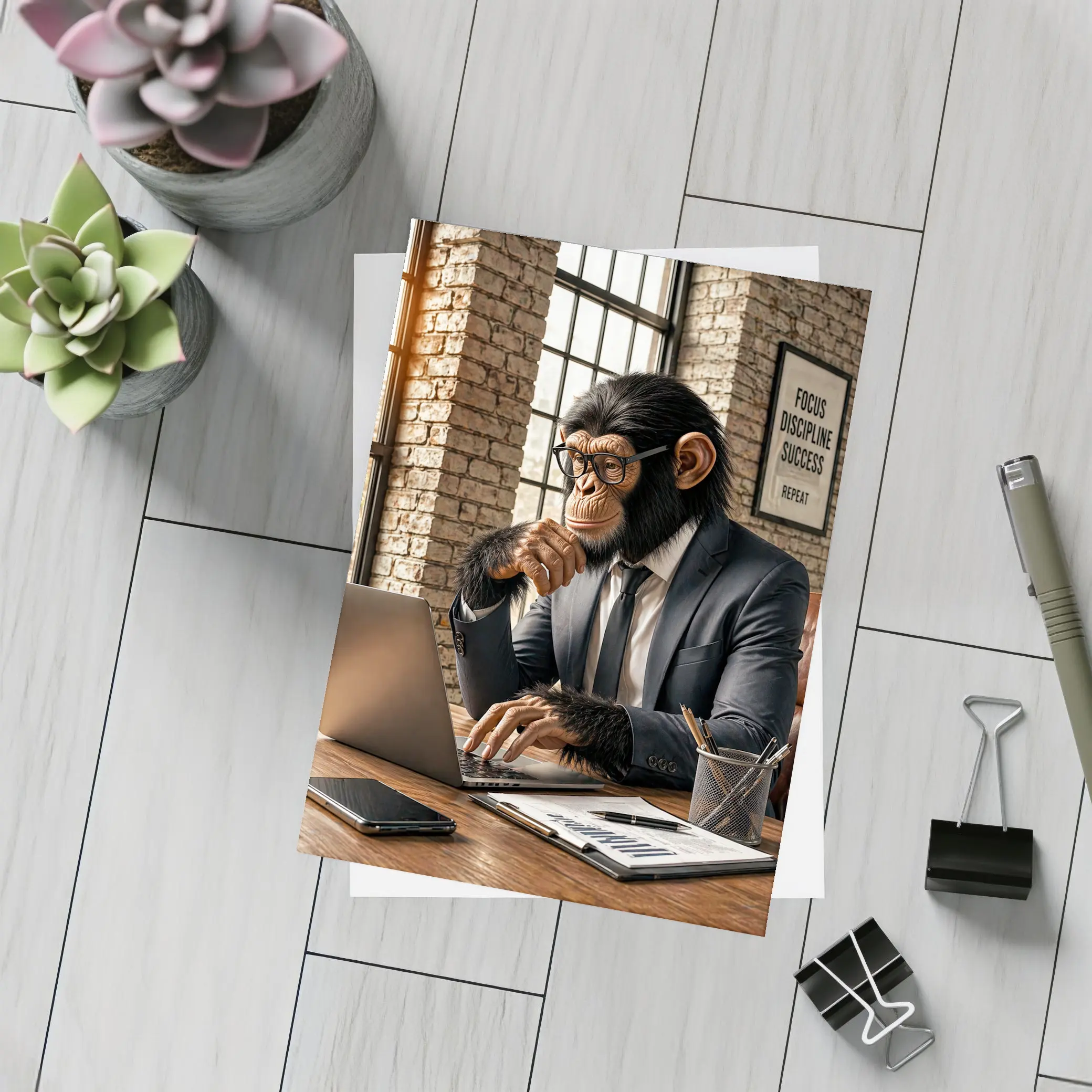 Chimpanzee Boss Working at Office Desk – Postcards