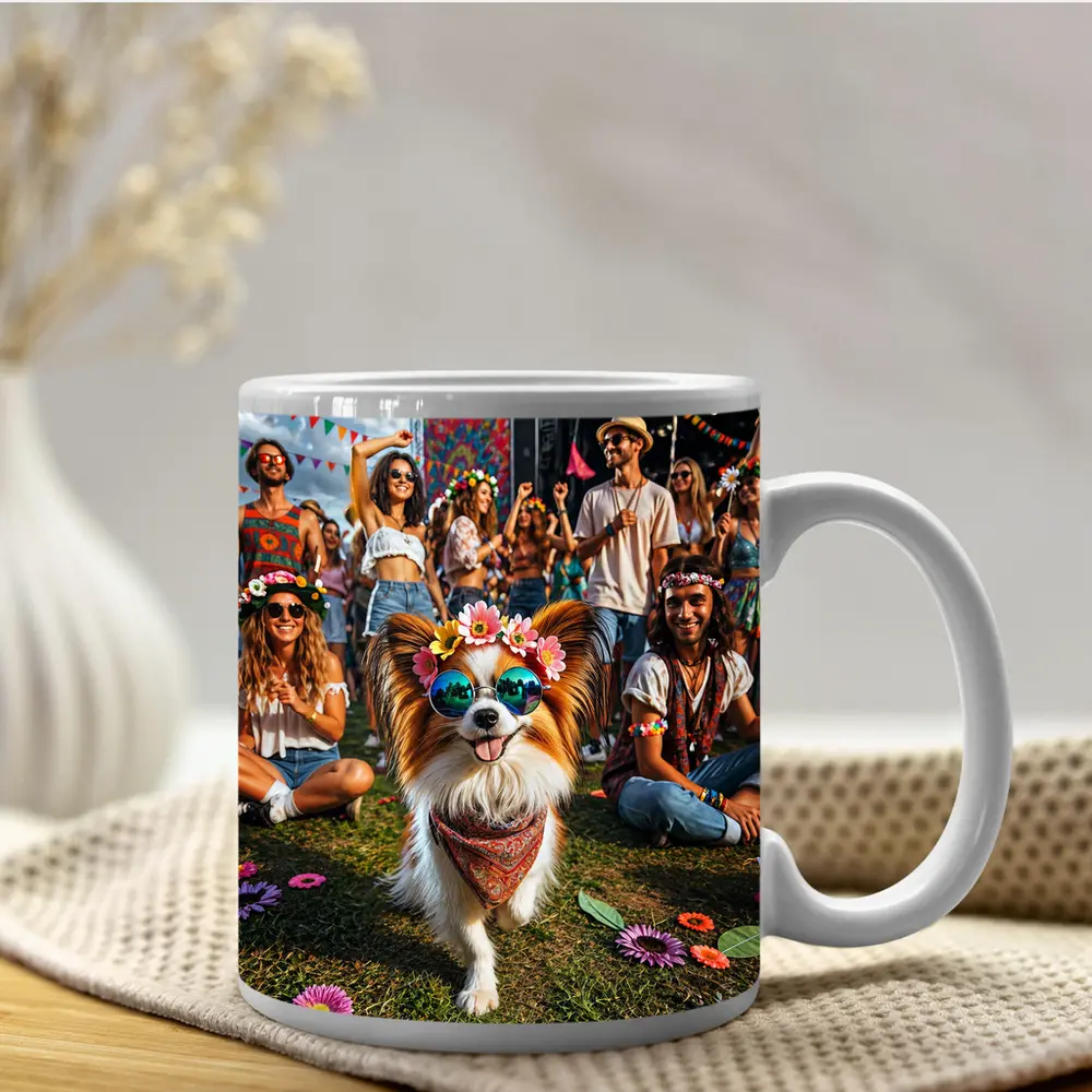 Papillon Dog Festival Flowers Sunglasses Crowd – Mugs
