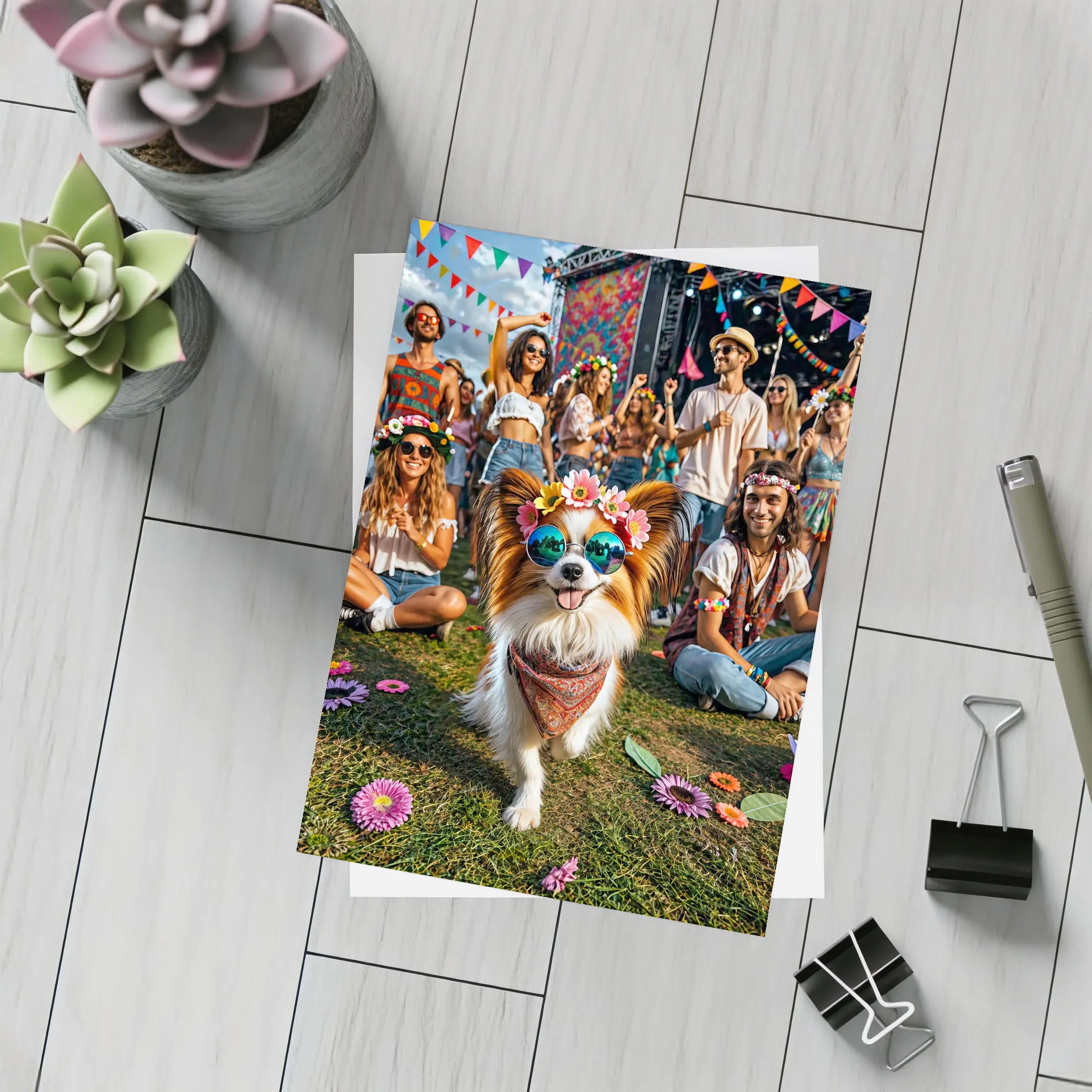 Papillon Dog Festival Flowers Sunglasses Crowd – Postcards
