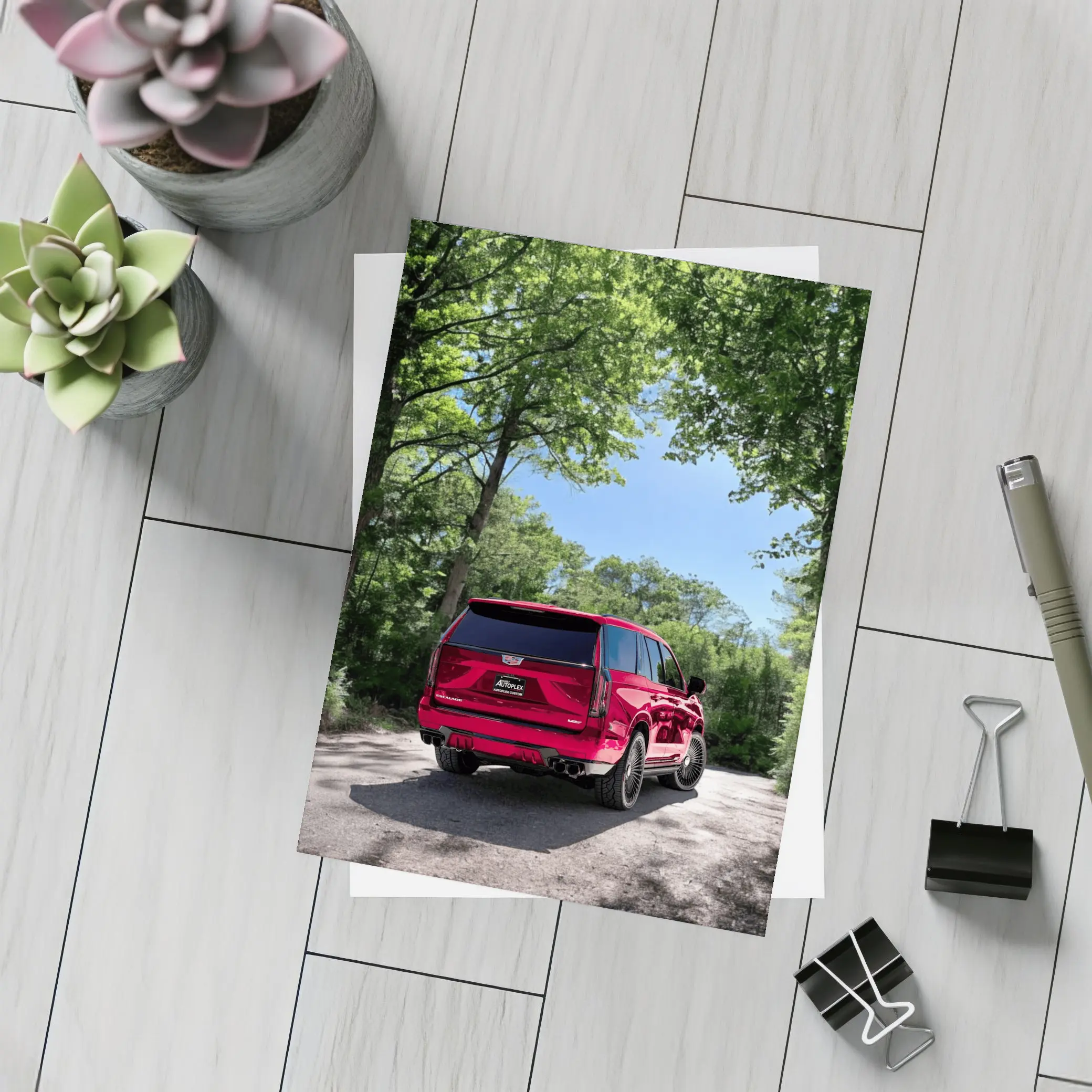 Red Cadillac Escalade V Series Forest Road – Postcards