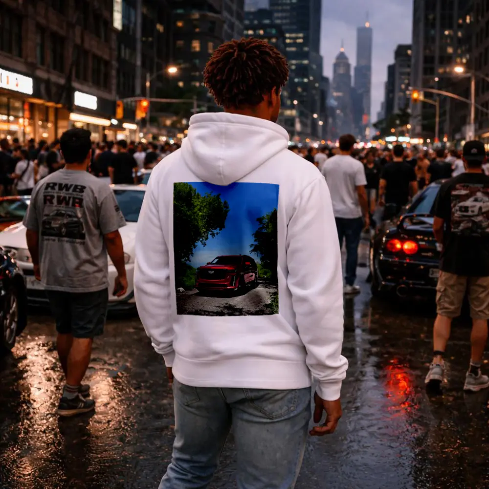 Cadillac Escalade V Red on Forest Road – Hoodies
