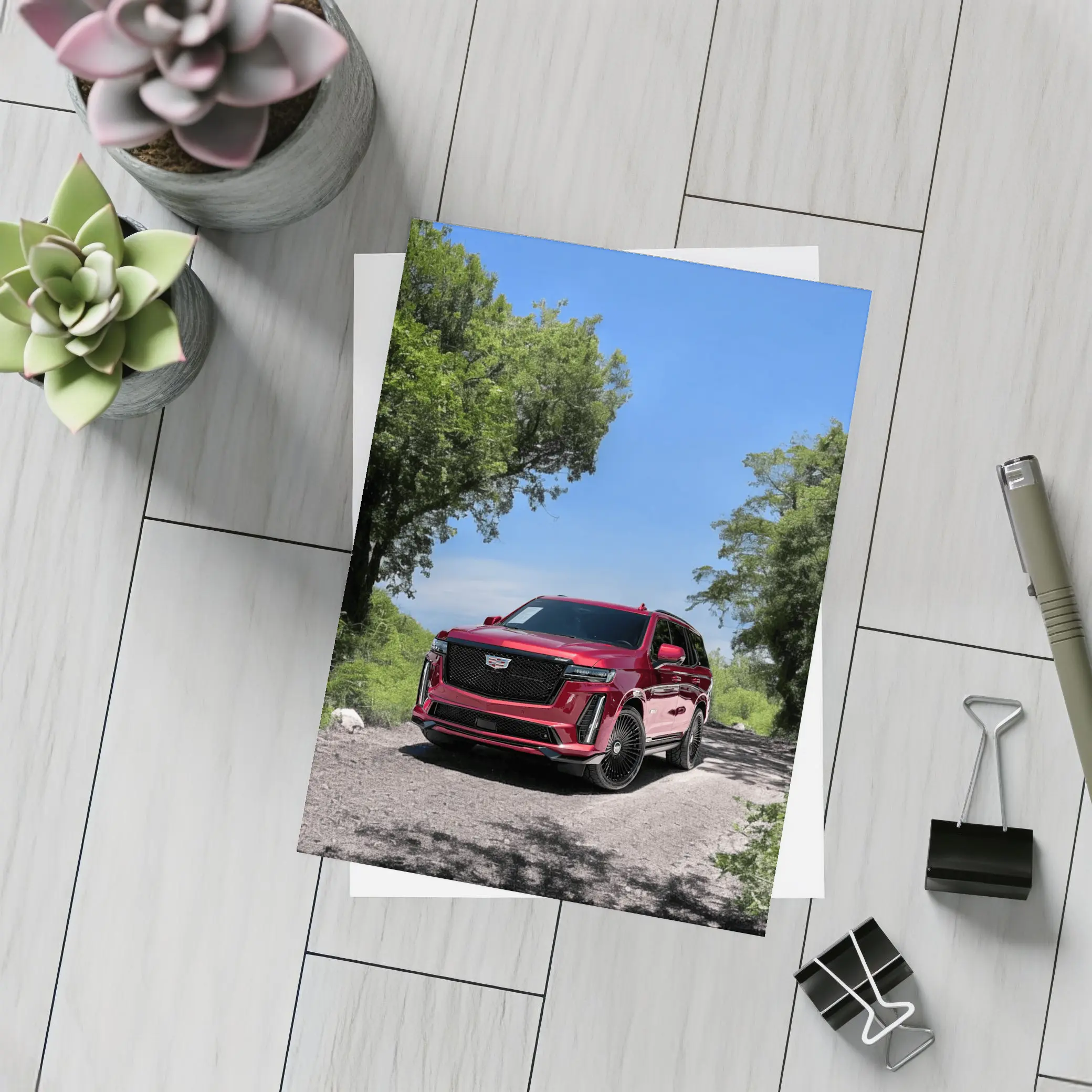 Cadillac Escalade V Red on Forest Road – Postcards