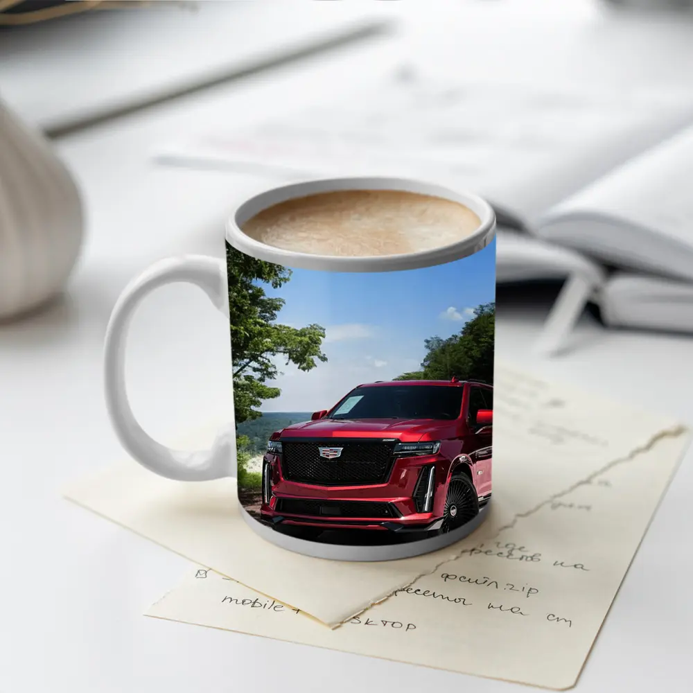 Red Cadillac Escalade Parked in Green Nature – Mugs