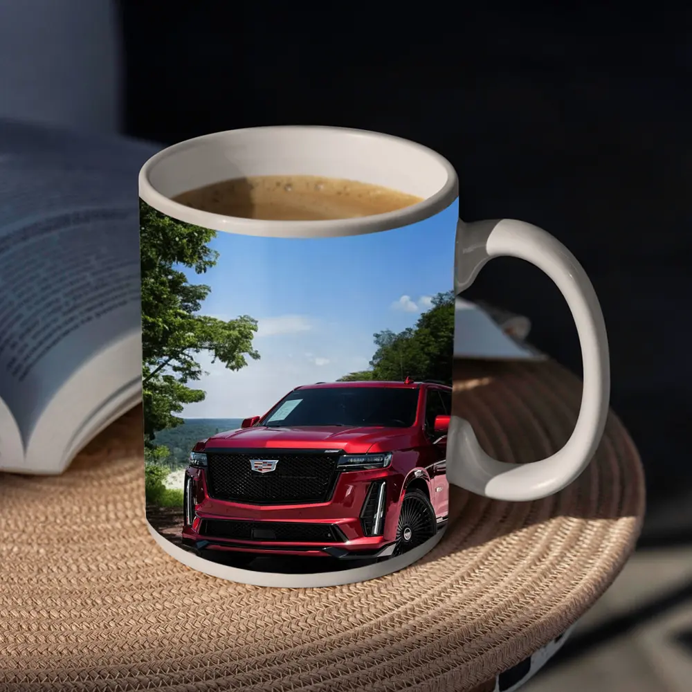 Red Cadillac Escalade Parked in Green Nature – Mugs
