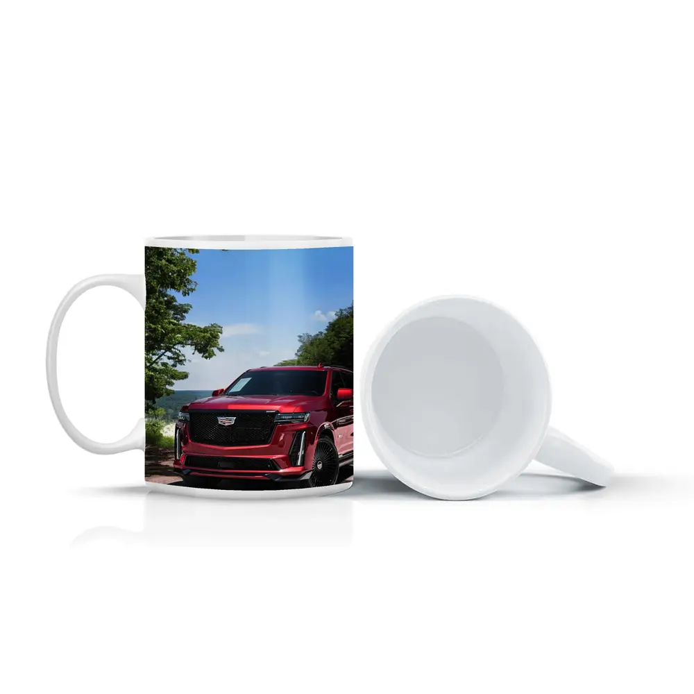 Red Cadillac Escalade Parked in Green Nature – Mugs