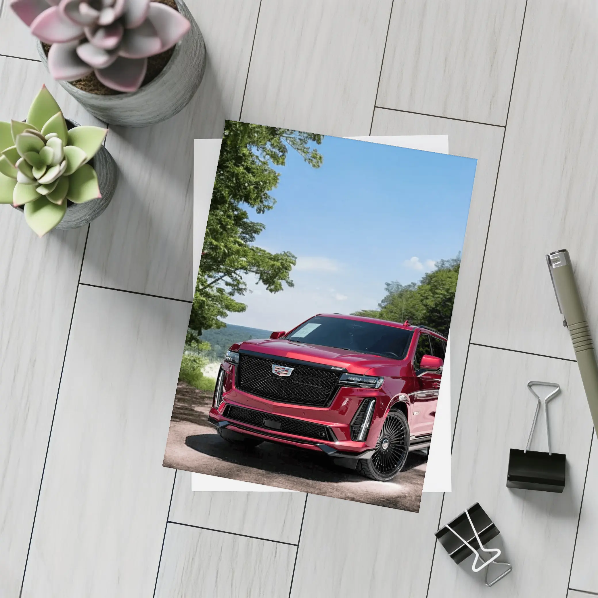 Red Cadillac Escalade Parked in Green Nature – Postcards