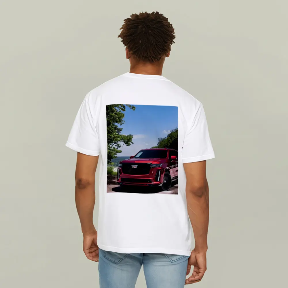 Red Cadillac Escalade Parked in Green Nature – T-Shirts