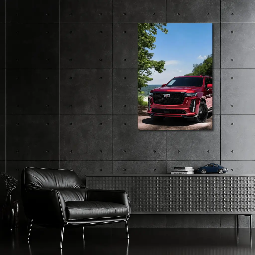 Red Cadillac Escalade Parked in Green Nature – Wall Art