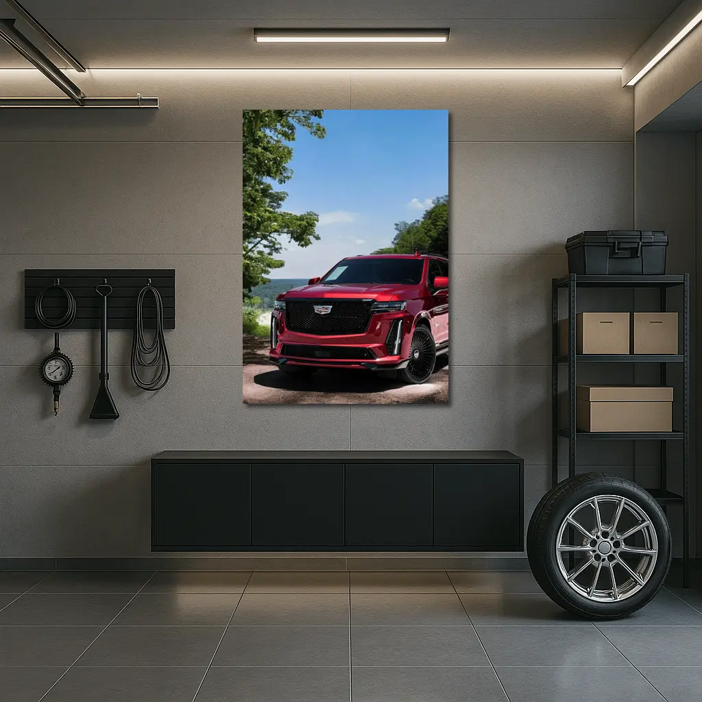 Red Cadillac Escalade Parked in Green Nature – Wall Art