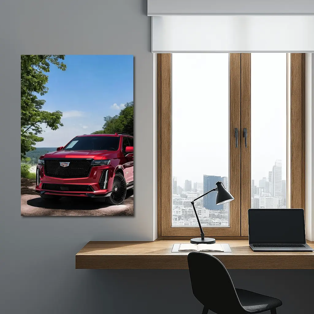 Red Cadillac Escalade Parked in Green Nature – Wall Art