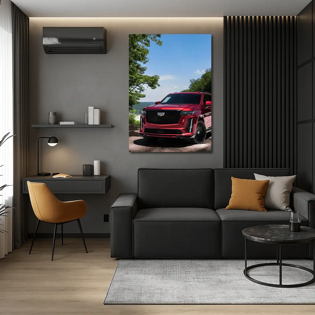 Red Cadillac Escalade Parked in Green Nature – Wall Art