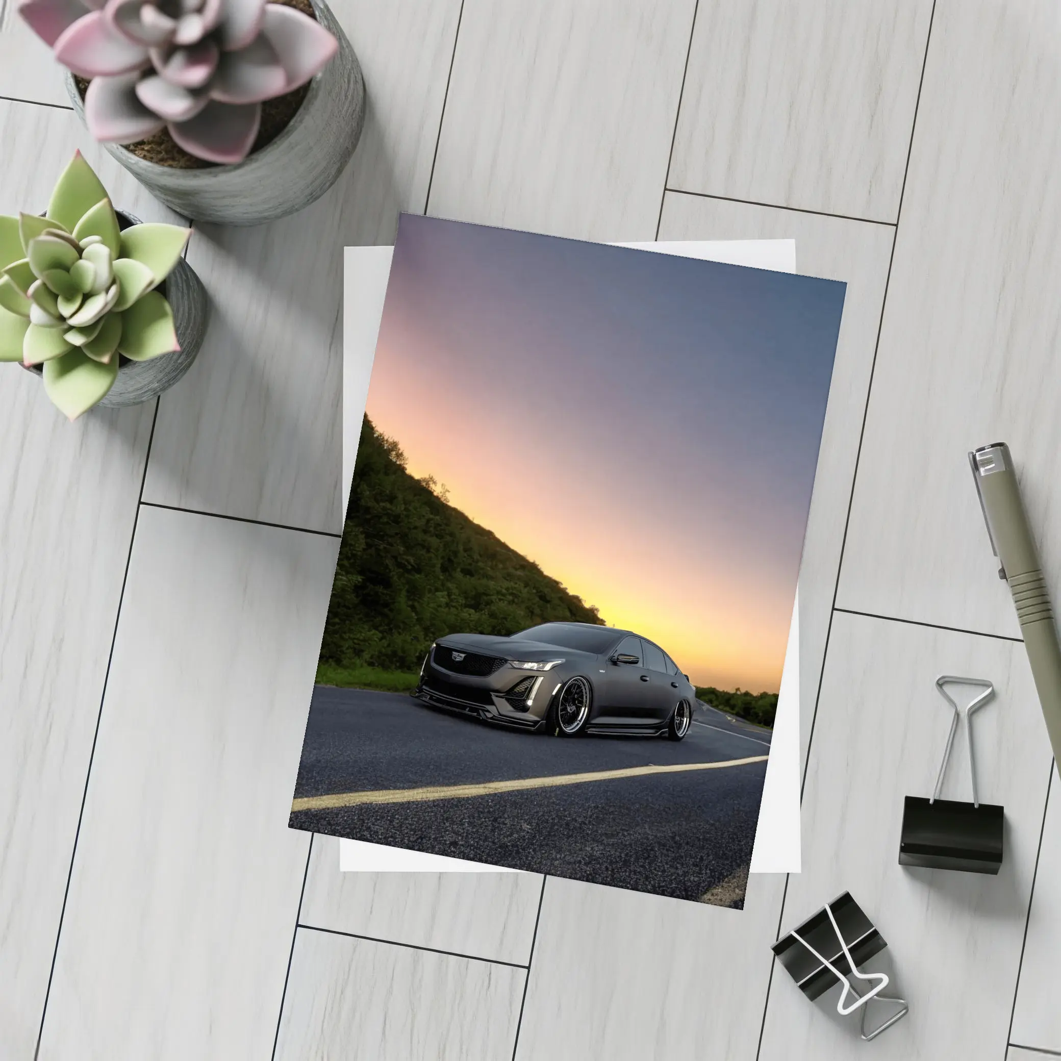 Cadillac CT5 Slammed Black Sedan Sunset Road – Postcards