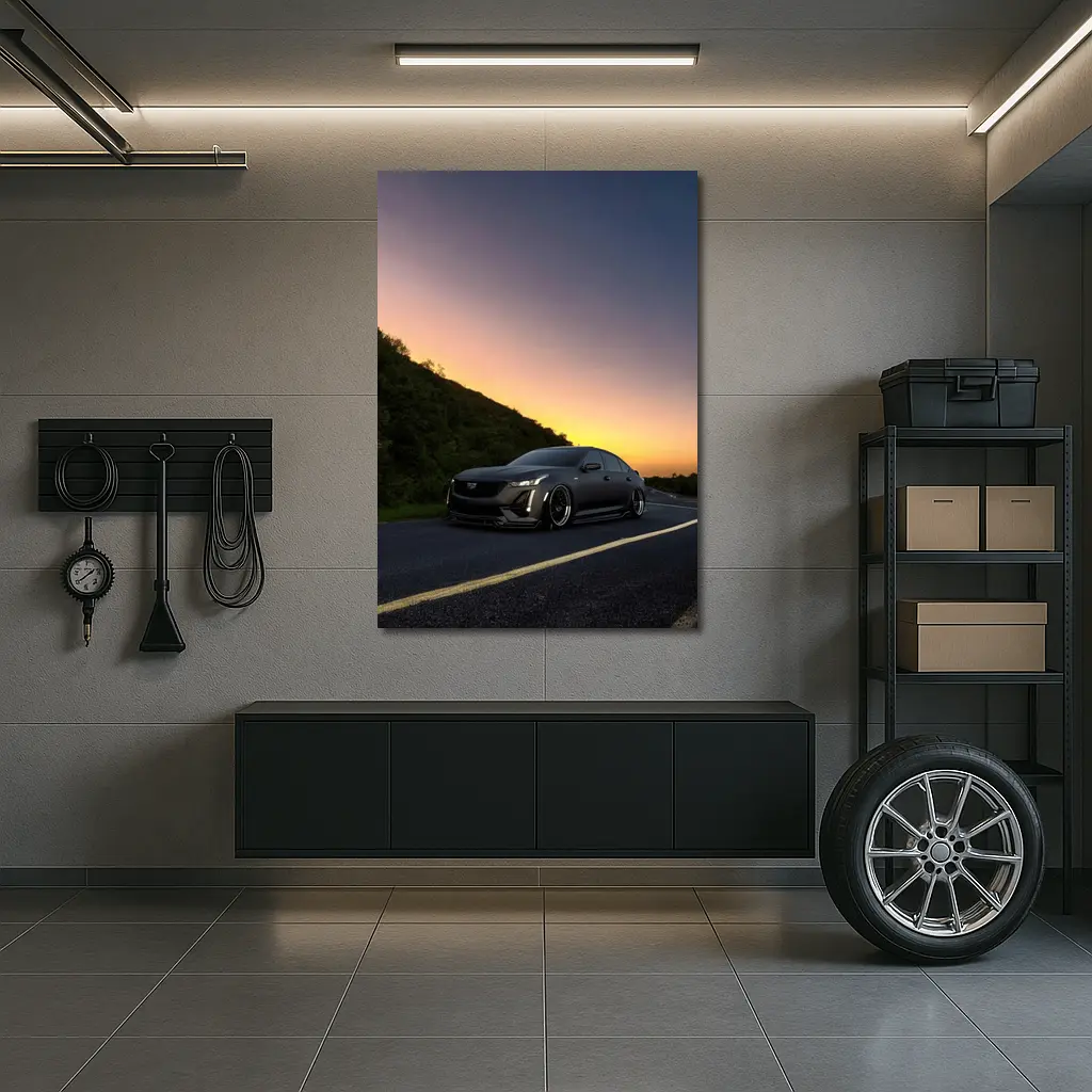 Cadillac CT5 Slammed Black Sedan Sunset Road – Wall Art