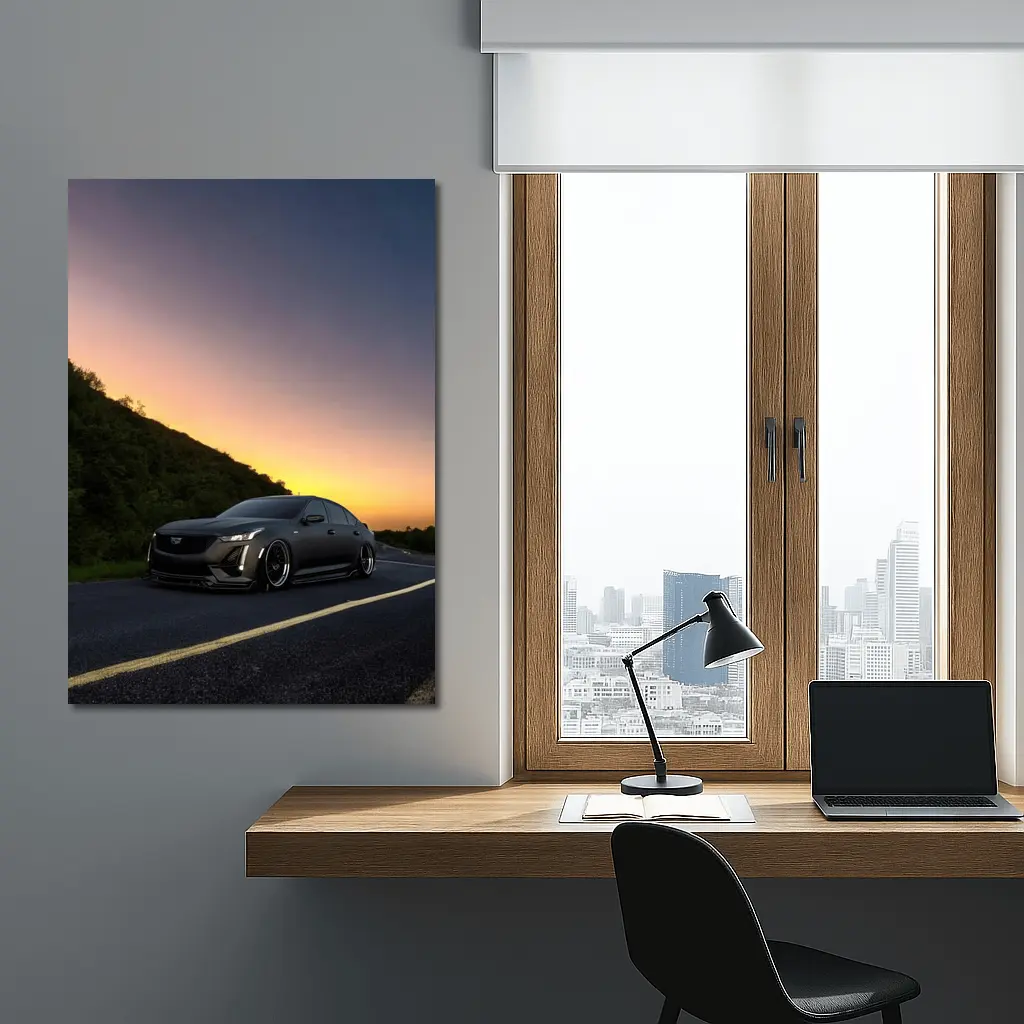 Cadillac CT5 Slammed Black Sedan Sunset Road – Wall Art
