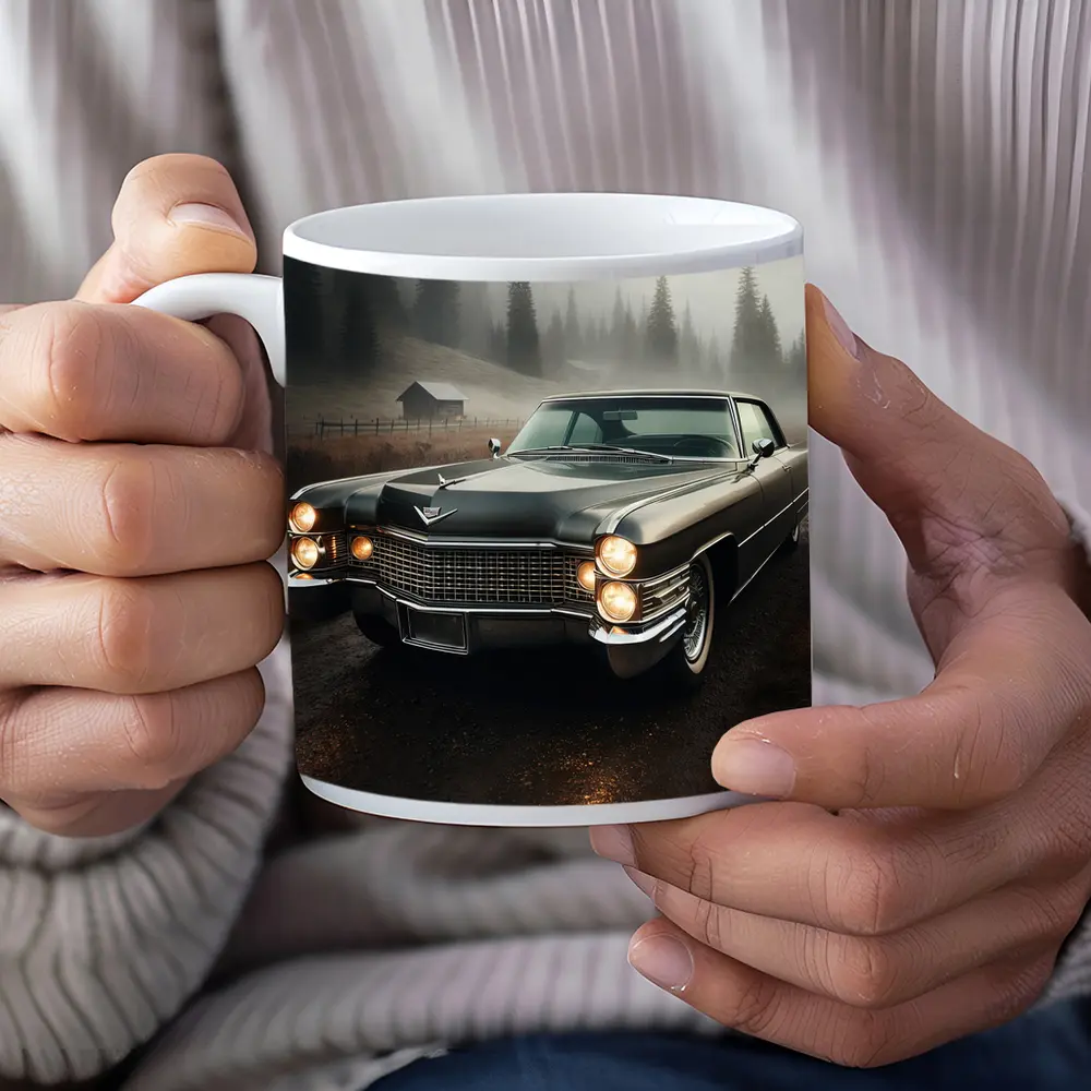 Cadillac Classic Car Misty Forest Road – Mugs
