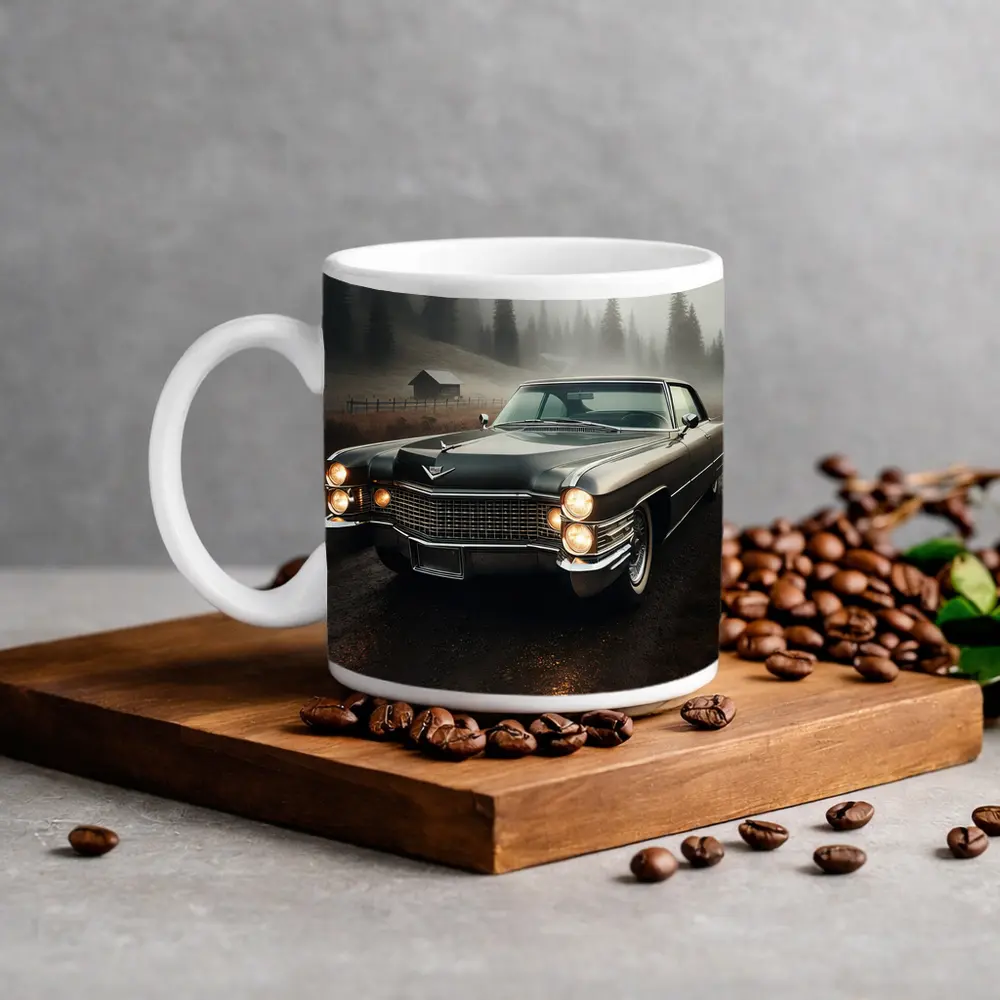 Cadillac Classic Car Misty Forest Road – Mugs