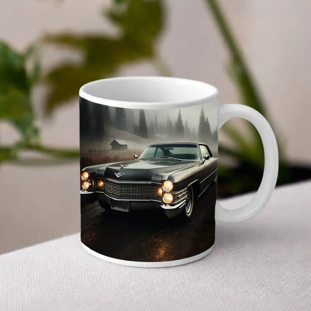 Cadillac Classic Car Misty Forest Road – Mugs