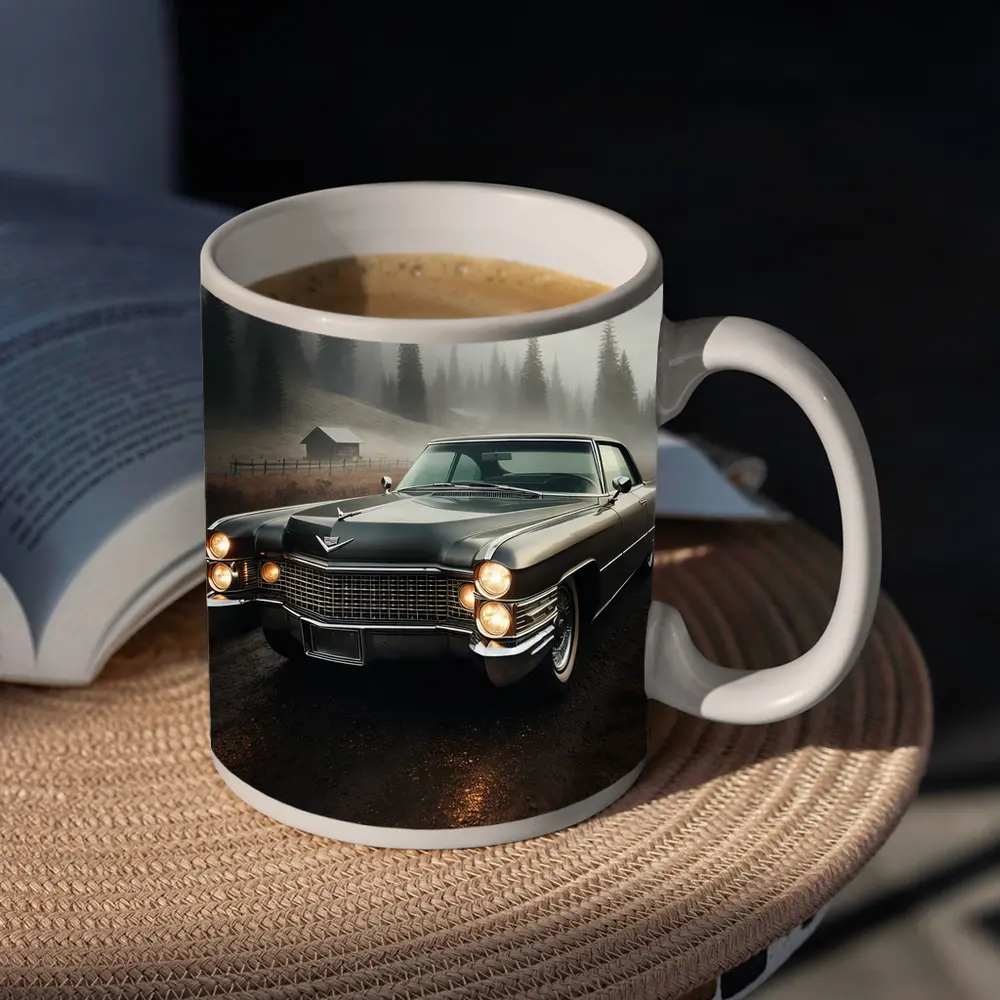 Cadillac Classic Car Misty Forest Road – Mugs