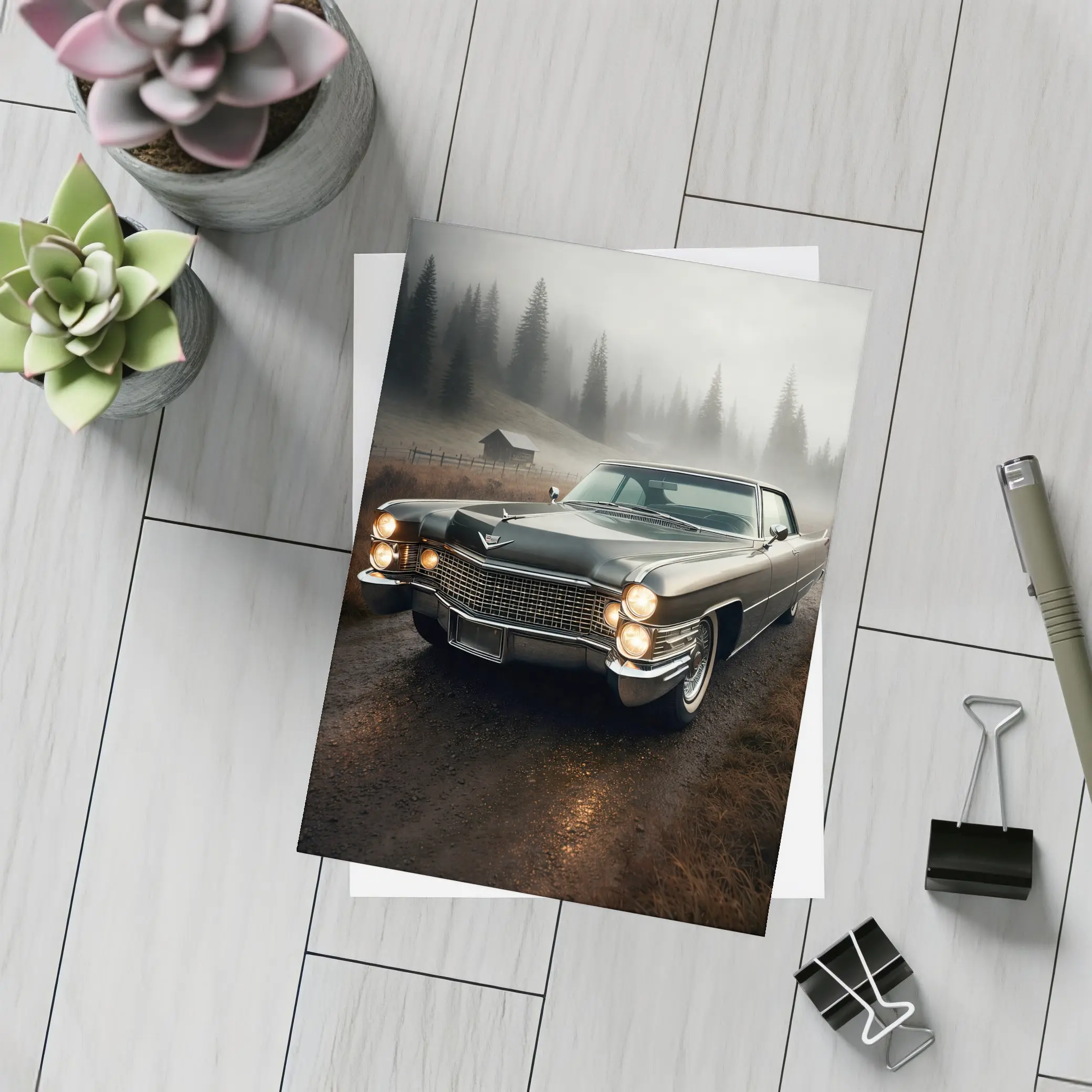 Cadillac Classic Car Misty Forest Road – Postcards
