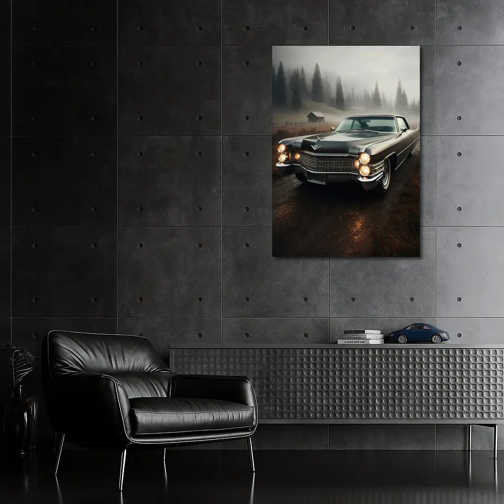 Cadillac Classic Car Misty Forest Road – Wall Art