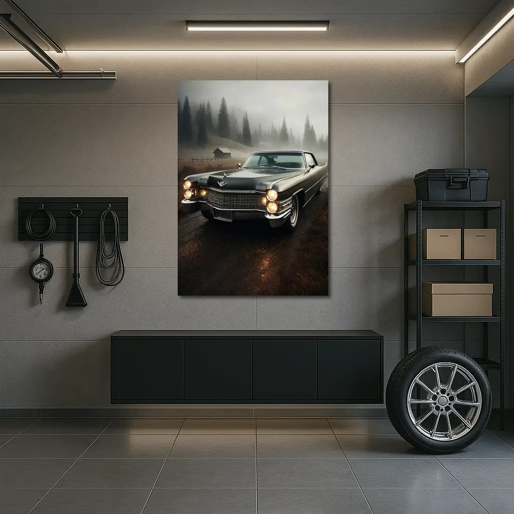 Cadillac Classic Car Misty Forest Road – Wall Art