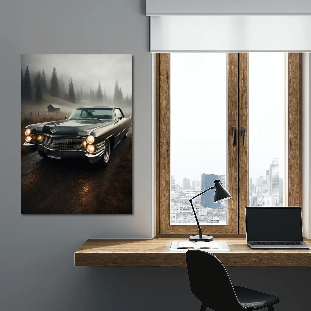 Cadillac Classic Car Misty Forest Road – Wall Art