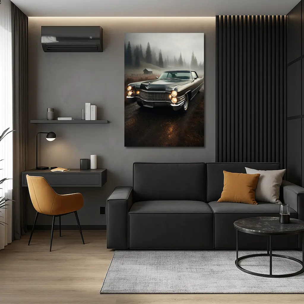 Cadillac Classic Car Misty Forest Road – Wall Art