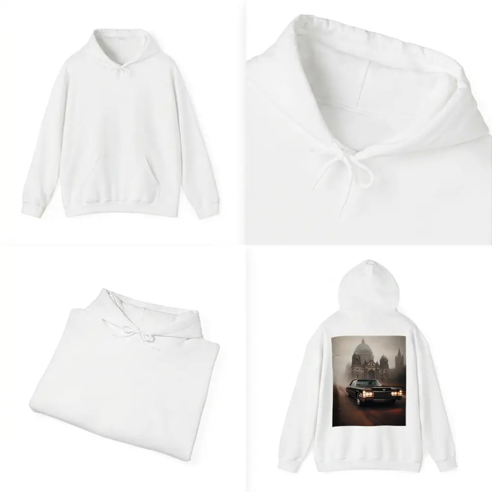 Cadillac DeVille Foggy Cathedral Street Scene – Hoodies